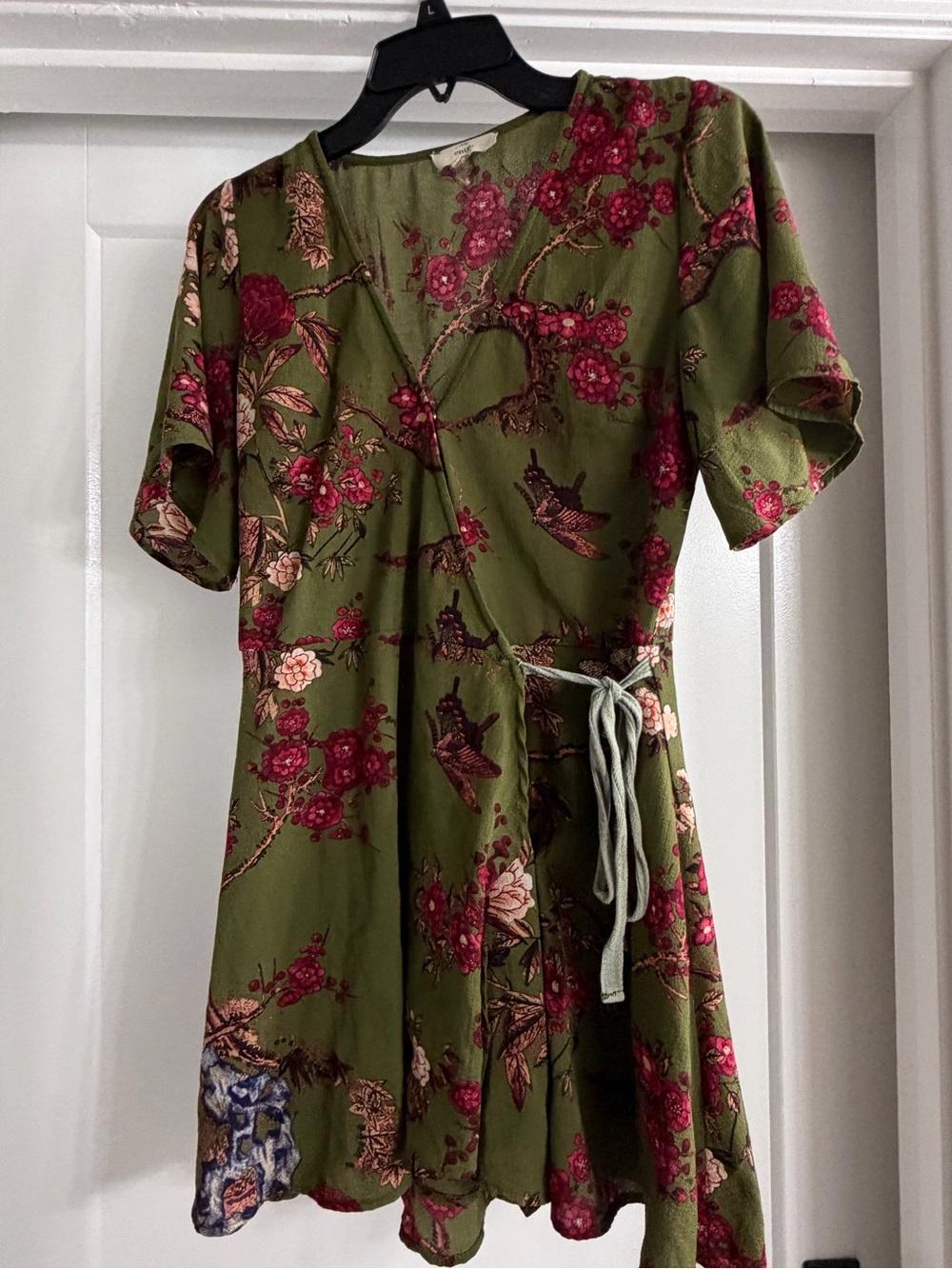 entro Olive Green Floral Wrap Romper with Pink Flowers - Picture 2 of 4